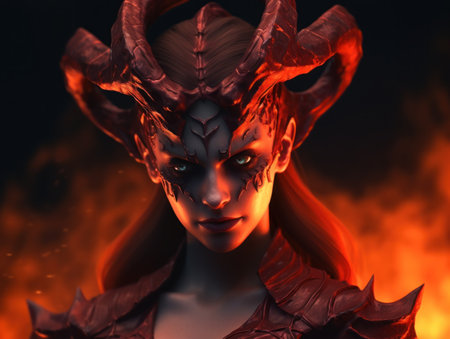 Mysterious fantasy character with fiery backgroundの素材