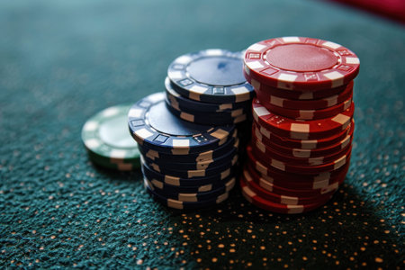 Stacks of poker chips on a casino tableの素材