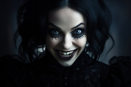 Mysterious woman with gothic makeup smiling eerilyの素材
