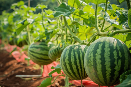 Fresh watermelons growing on the vine in a sunny fieldの素材