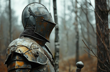 Medieval knight in armor standing in a misty forestの素材