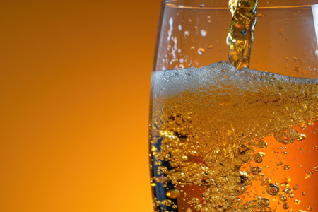 Close-up of sparkling beverage being poured into a glass with a vibrant backgroundの素材