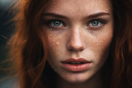 Portrait of a Woman with Freckles and Raindrops on Her Faceの素材