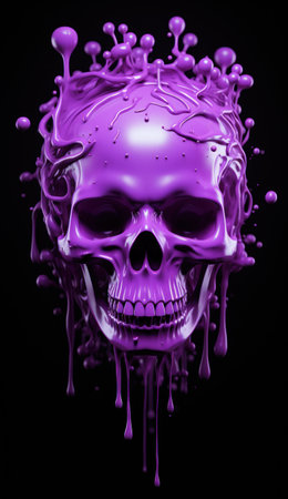 Vibrant purple paint splashing over a skullの素材