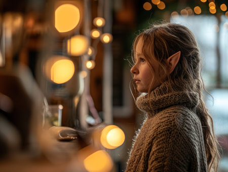 Fantasy-themed portrait of a person with elf ears in a cozy settingの素材