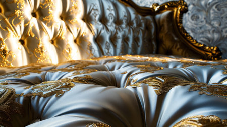 Luxurious satin fabric with golden embroidery as elegant backgroundの素材