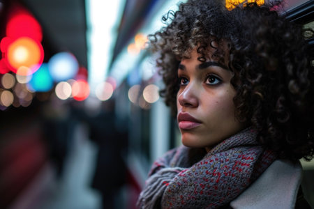 Young woman in the city at night with bokeh lightsの素材