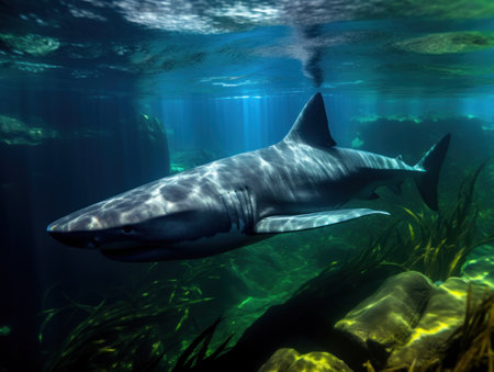 Shark swimming gracefully through underwater sceneryの素材