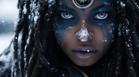 Mysterious woman with tribal makeup in a snowy landscapeの素材