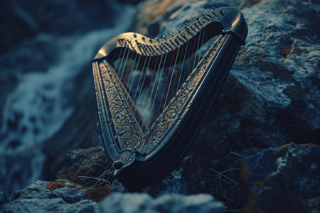 Elegant Harp Resting on a Rocky Surfaceの素材