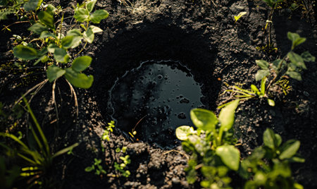 Close-up of water-filled hole surrounded by green plantsの素材