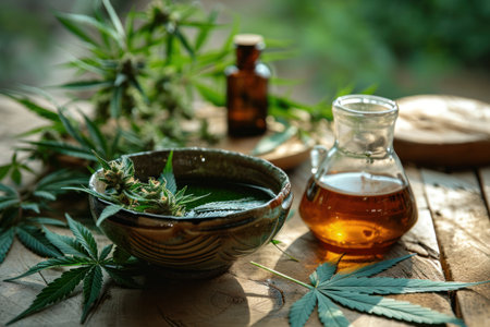 Cannabis leaves and CBD oil on a wooden surfaceの素材