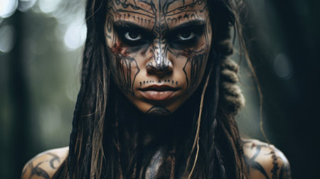 Portrait of a Woman with Tribal Face Paint in a Forestの素材