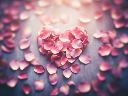 Heart Shape Made of Rose Petals on Wooden Surfaceの素材