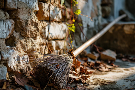 Old broom leaning against a rustic stone wallの素材