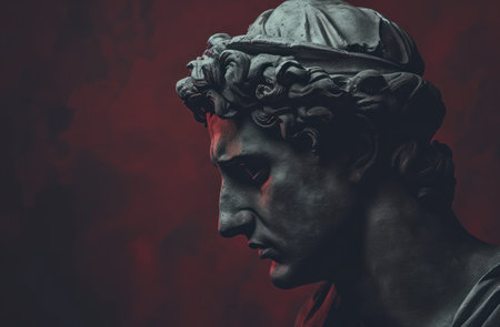 Classic sculpture bust with dramatic lighting on a dark backgroundの素材