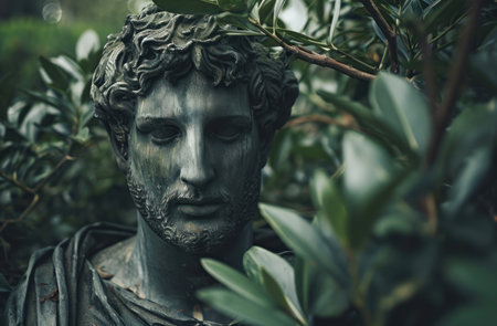 Bronze statue head surrounded by green leavesの素材