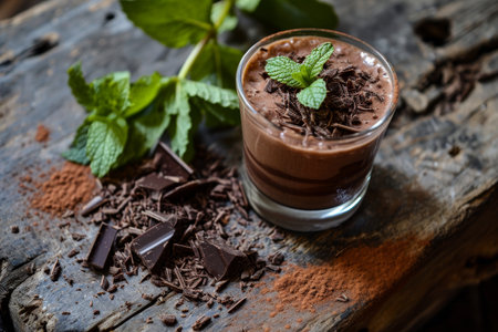 Delicious chocolate mousse with mint garnish on rustic wooden backgroundの素材