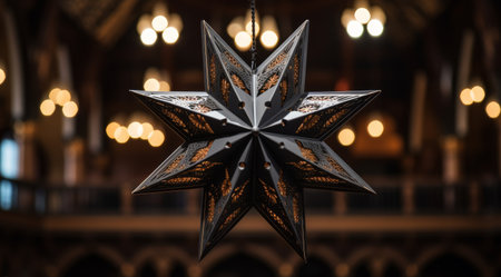 Intricate Star Ornament Hanging in a Warmly Lit Interiorの素材