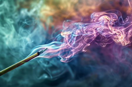 Colorful smoke rising from a smoldering matchstickの素材