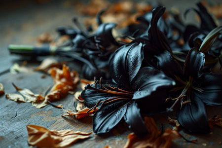 Elegant black lilies with scattered petals on a rustic surfaceの素材