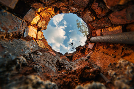 View through a broken brick wall to the skyの素材