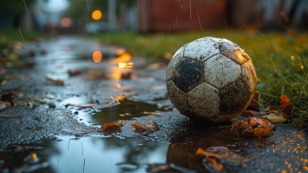 Soccer ball on a wet street with autumn leavesの素材