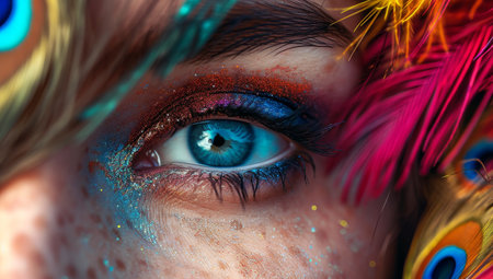 Close-up of a Colorful Eye Makeup with Feathersの素材