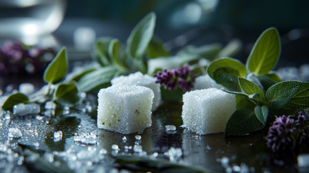 Fresh herbs and sugar cubes on a dewy surfaceの素材