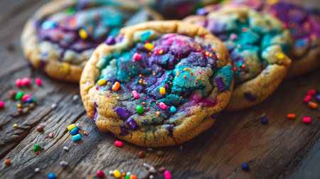 Colorful homemade cookies with sprinkles on a wooden tableの素材