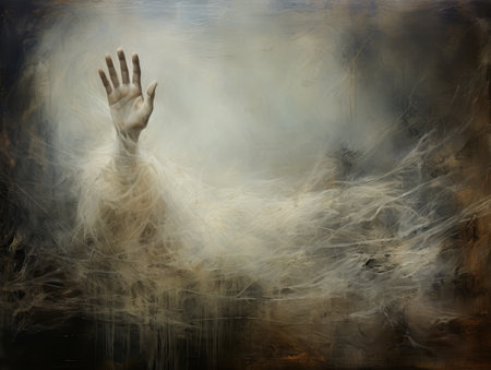 Hand emerging from abstract textured backgroundの素材