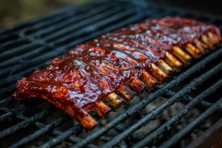 Juicy barbecued ribs on a grillの素材