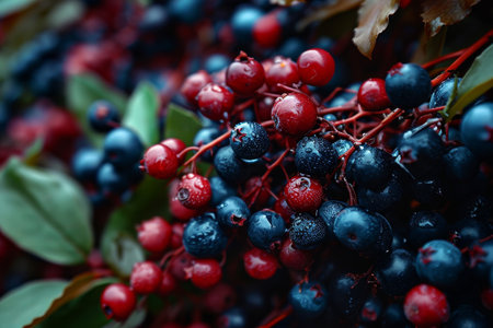 Close-up of Dew-Kissed Berries on a Branchの素材