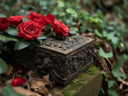 Vintage Treasure Box with Red Roses on Forest Floorの素材