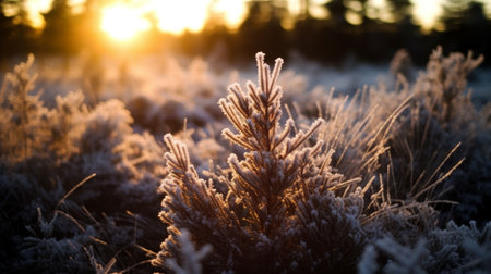 Frost-covered Pine Tree at Sunriseの素材