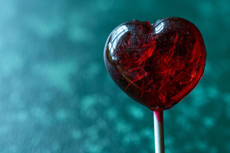Red heart-shaped lollipop on a turquoise backgroundの素材