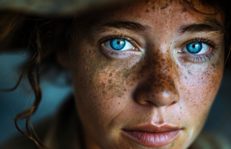 Close-up Portrait of a Woman with Striking Blue Eyesの素材