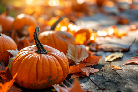 Autumn pumpkin surrounded by colorful leavesの素材