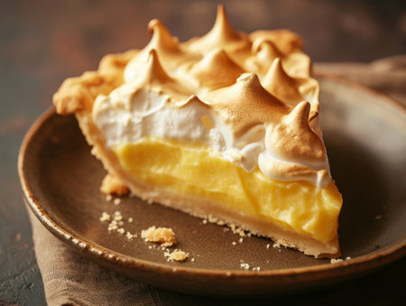Delicious slice of lemon meringue pie on a rustic plateの素材