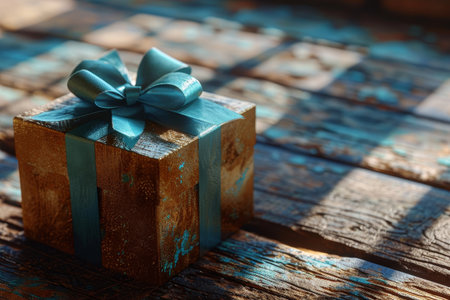 Elegant gift box with a blue ribbon on a wooden surfaceの素材