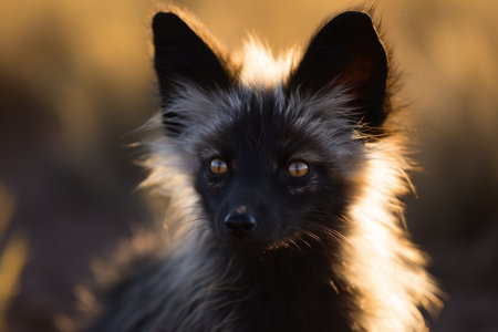 Close-up of a Black Fox in Golden Hour Lightの素材