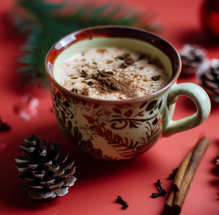 Cozy Winter Hot Chocolate on Festive Backgroundの素材