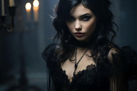 Mysterious woman in a dark, vintage settingの素材