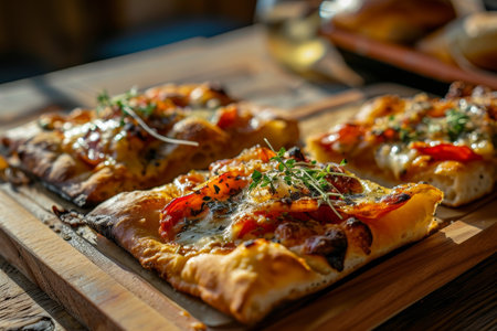 Gourmet homemade pizza on a rustic wooden tableの素材