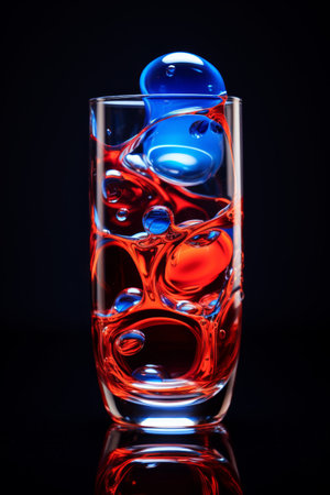 Colorful liquid and bubbles in a clear glass against a black backgroundの素材