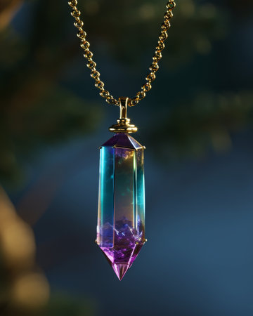 Elegant crystal pendant on a gold chain with a blurred backgroundの素材
