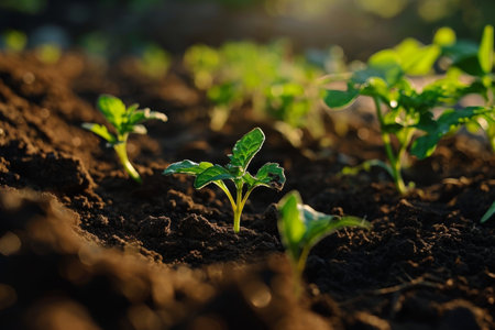 Young plant sprouting from fertile soil with sunlightの素材