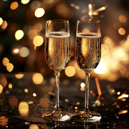 Celebratory Champagne Toast with Golden Bokeh Backgroundの素材