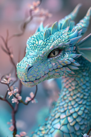 Majestic Blue Dragon Amidst Blossomsの素材