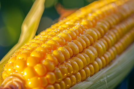 Close-up of Fresh Dewy Corn Cobの素材